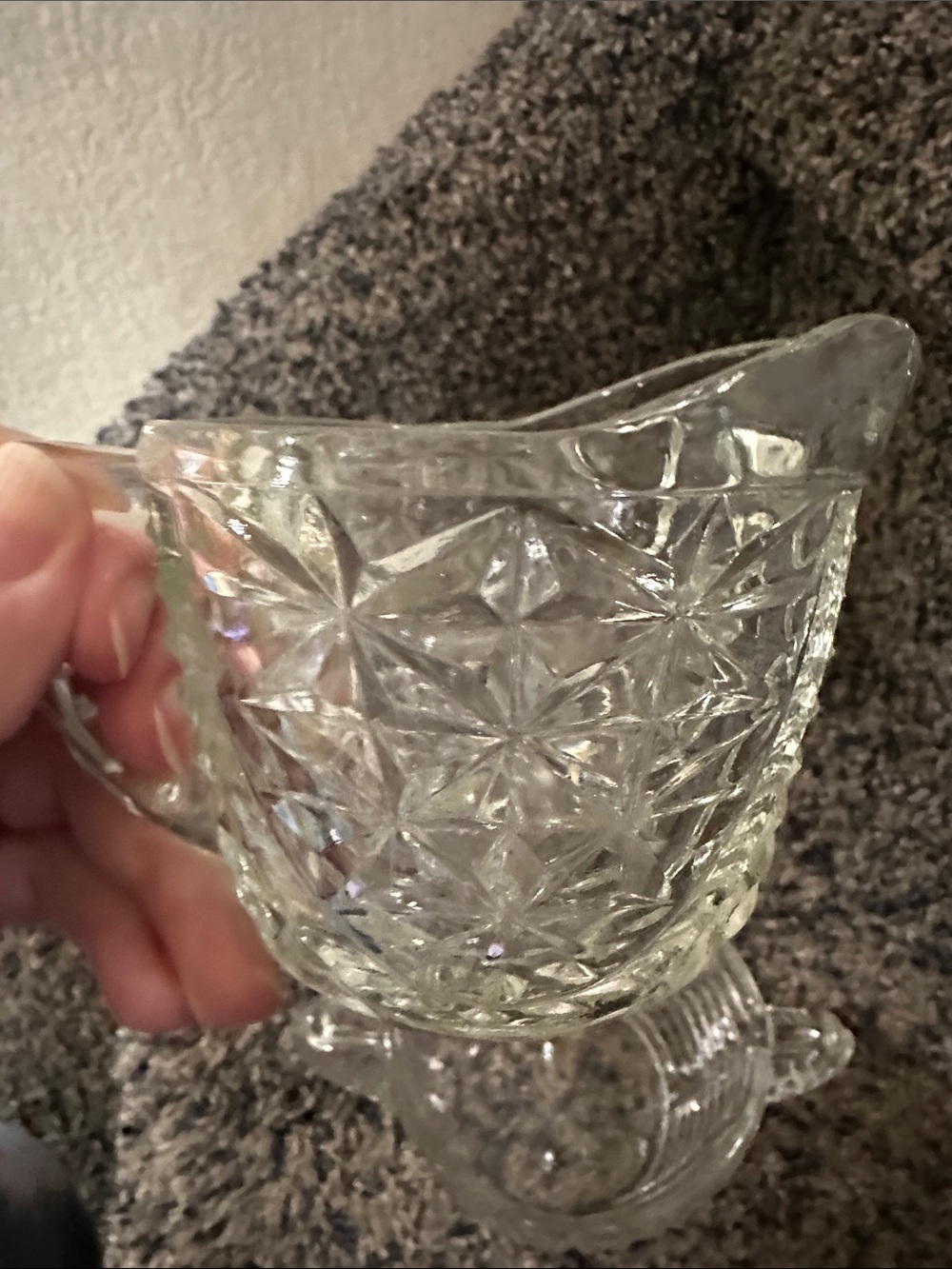 Vintage-Pressed Glass Creamer Pitcher & sugar bowl. Clear Cut Glass